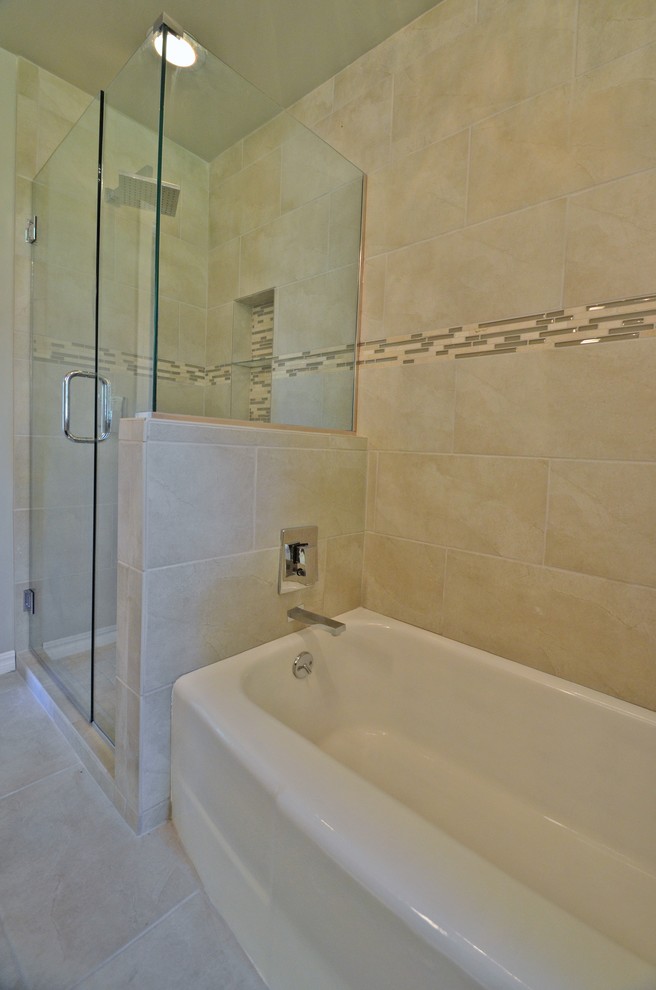 Example of a mid-sized classic master ceramic tile bathroom design in Oklahoma City with flat-panel cabinets, medium tone wood cabinets, a one-piece toilet, brown walls, an undermount sink and quartzite countertops