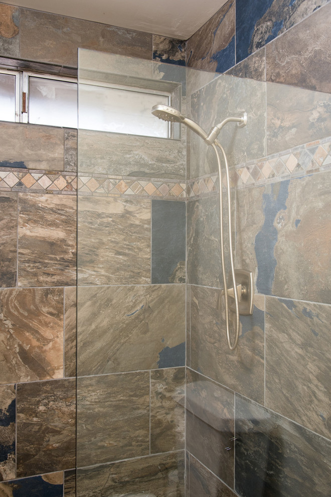 Design ideas for a small classic bathroom in San Diego with flat-panel cabinets, medium wood cabinets, engineered stone worktops, a built-in shower, a one-piece toilet, multi-coloured tiles, ceramic tiles, beige walls and ceramic flooring.