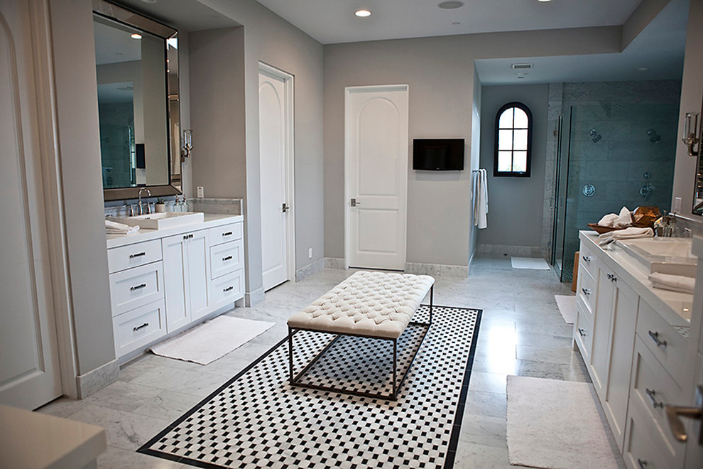 Inspiration for a huge transitional master white tile, black and white tile, gray tile and stone tile marble floor bathroom remodel in San Diego with shaker cabinets, white cabinets, a two-piece toilet, gray walls, quartz countertops and a drop-in sink