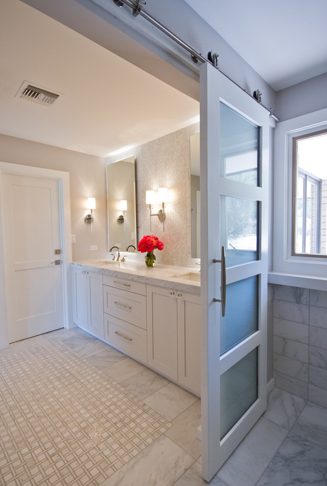 Inspiration for a transitional white tile ceramic tile bathroom remodel in Phoenix with shaker cabinets, white cabinets, white walls and an undermount sink
