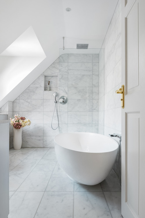 Marble Shower Floor Tile Ideas with White Freestanding Bathtub