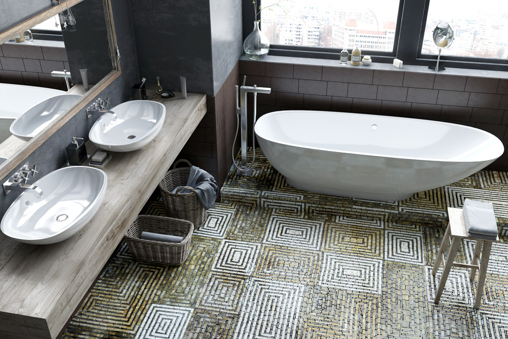 Источник вдохновения для домашнего уюта: ванная комната в современном стиле с полом из мозаичной плитки и разноцветным полом