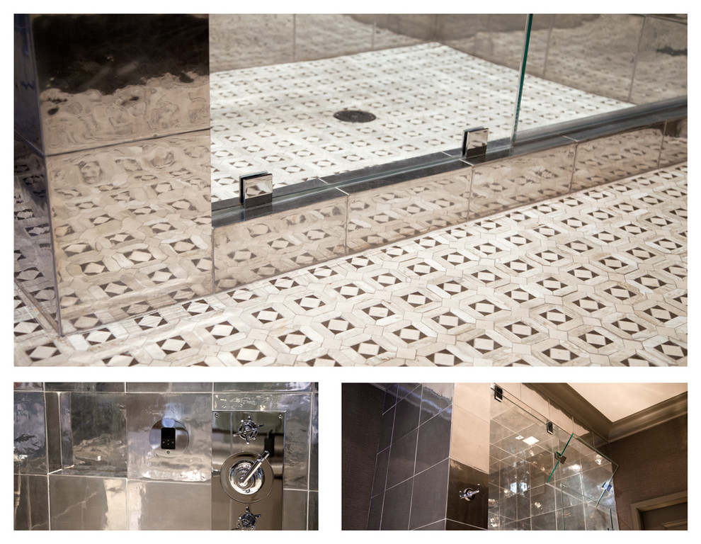 Ejemplo de cuarto de baño principal tradicional renovado con encimera de piedra caliza y suelo con mosaicos de baldosas