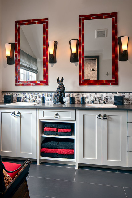 Red Black And White Ensuite Bathroom With Tile Framed Mirrors Transitional Dallas By Michelle S Interiors Houzz Nz Red Black And White Ensuite Bathroom, Red Framed Bathroom Mirror