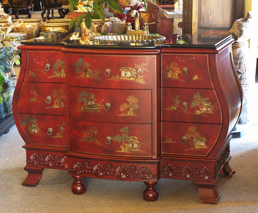 Red Chinoiserie Vanity Asian Bathroom Chicago by China