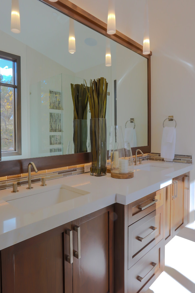 Inspiration for a mid-sized transitional master white tile and matchstick tile dark wood floor corner shower remodel in Orange County with shaker cabinets, beige cabinets, beige walls, an undermount sink and quartz countertops