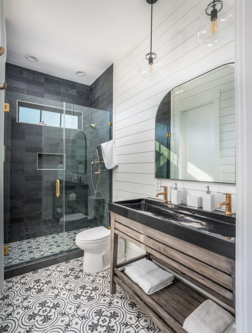 Transitional Drama: Shiplap Wall and Black Tile Bathroom Storage