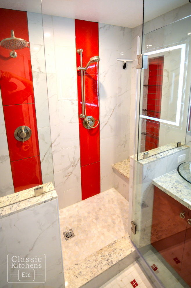 Photo of a medium sized modern ensuite bathroom with flat-panel cabinets, a two-piece toilet, white walls, a vessel sink, medium wood cabinets, an alcove shower, grey tiles, red tiles, stone tiles and quartz worktops.