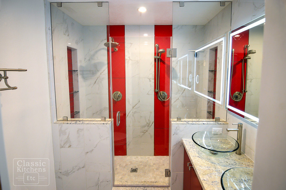 Inspiration for a mid-sized modern master gray tile, red tile and stone tile alcove shower remodel with flat-panel cabinets, medium tone wood cabinets, a two-piece toilet, white walls, a vessel sink and quartzite countertops