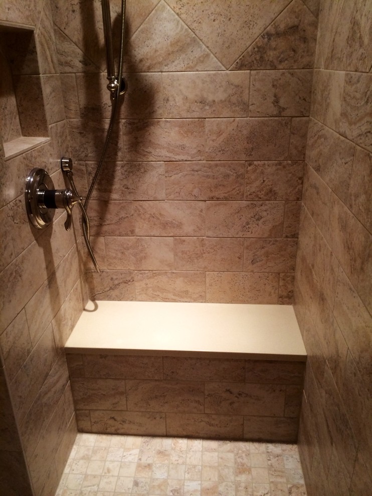 Photo of a small classic ensuite bathroom in Portland with a submerged sink, freestanding cabinets, white cabinets, engineered stone worktops, a double shower, a two-piece toilet, beige tiles, mosaic tiles, beige walls and porcelain flooring.