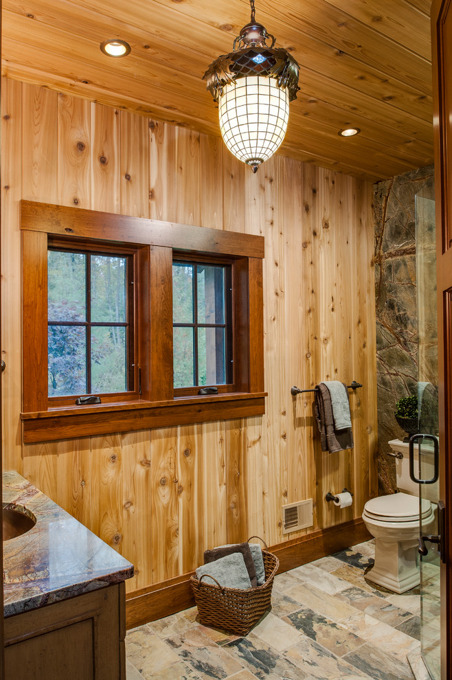 Inspiration for a rustic bathroom in Other with a submerged sink, a corner shower and a two-piece toilet.