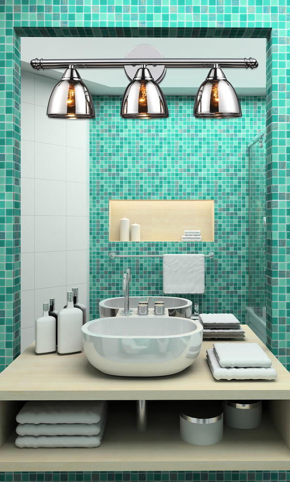Kleines Modernes Duschbad mit offenen Schränken, hellen Holzschränken, Waschtisch aus Holz, blauen Fliesen, Keramikfliesen, blauer Wandfarbe und Keramikboden in New York