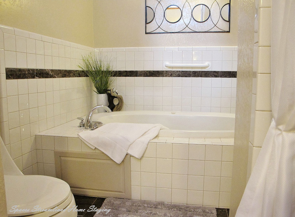 Example of a mid-sized 1960s master white tile and ceramic tile marble floor bathroom design in Seattle with a drop-in sink, flat-panel cabinets, white cabinets, tile countertops and beige walls