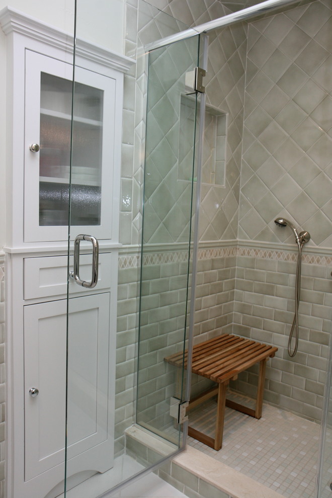 Mid-sized transitional 3/4 green tile and ceramic tile ceramic tile bathroom photo in New York with white walls