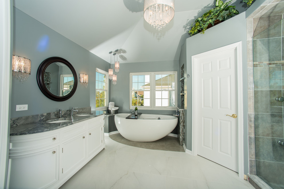 Example of a trendy freestanding bathtub design in Chicago