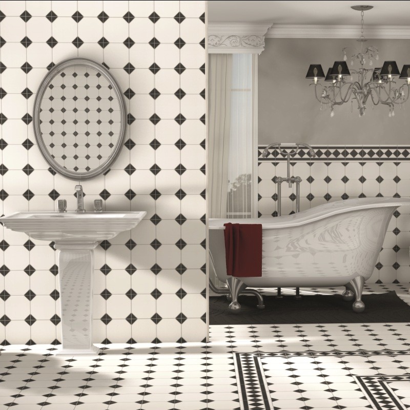 Exemple d'une grande salle de bain chic avec des carreaux de céramique, un mur noir, un sol en carrelage de céramique et un carrelage noir et blanc.