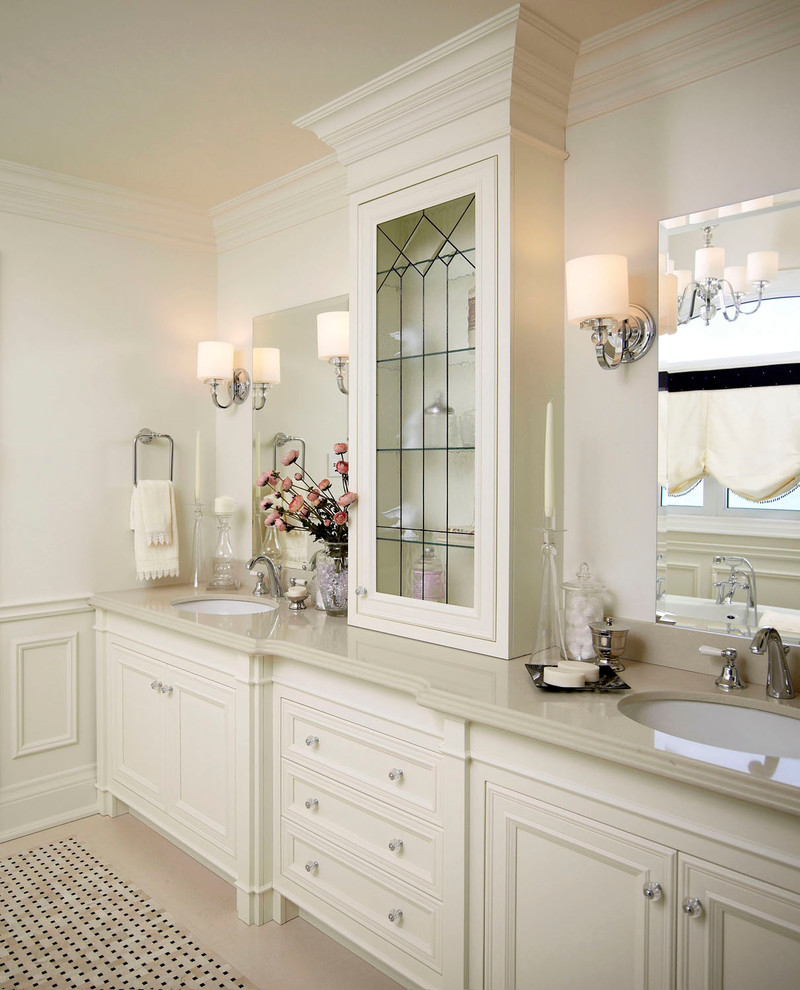 Medium sized traditional ensuite bathroom in Toronto with mosaic tiles, recessed-panel cabinets, white cabinets, white walls, ceramic flooring, a submerged sink, engineered stone worktops and beige worktops.