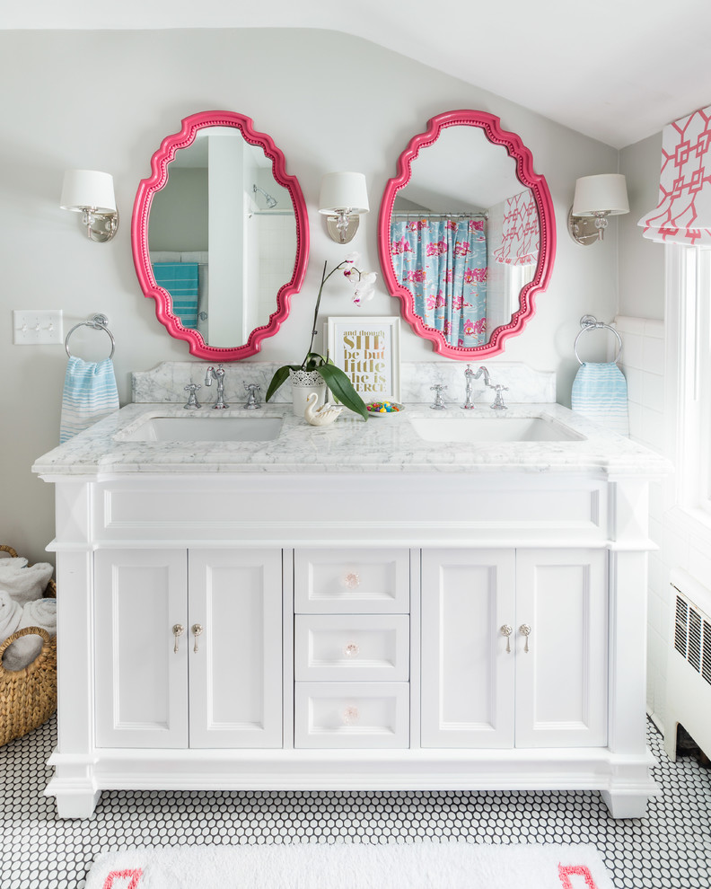 Bathroom - traditional kids' mosaic tile floor bathroom idea in Boston with recessed-panel cabinets, white cabinets, gray walls and an undermount sink