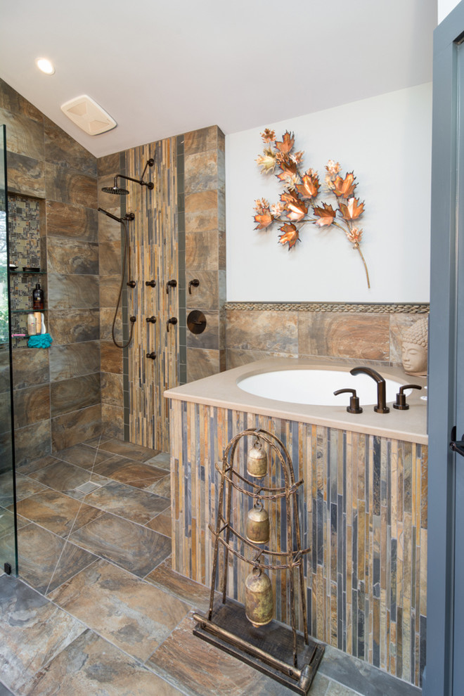 Example of a transitional bathroom design in Atlanta with a one-piece toilet