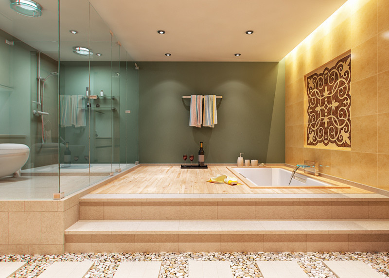Modelo de cuarto de baño principal minimalista extra grande con bañera encastrada sin remate, ducha esquinera, sanitario de una pieza, baldosas y/o azulejos beige, baldosas y/o azulejos de terracota y paredes beige