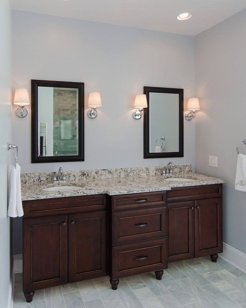 Example of a large transitional master gray tile, white tile and matchstick tile porcelain tile freestanding bathtub design in Richmond with recessed-panel cabinets, dark wood cabinets, gray walls and granite countertops