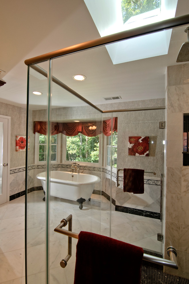 Bathroom - traditional master white tile marble floor bathroom idea with an undermount sink, raised-panel cabinets, dark wood cabinets, granite countertops, a two-piece toilet and beige walls