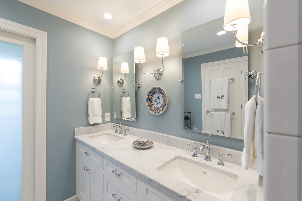 Small elegant master white tile and ceramic tile marble floor and white floor bathroom photo in Other with shaker cabinets, white cabinets, a two-piece toilet, blue walls, an undermount sink and marble countertops