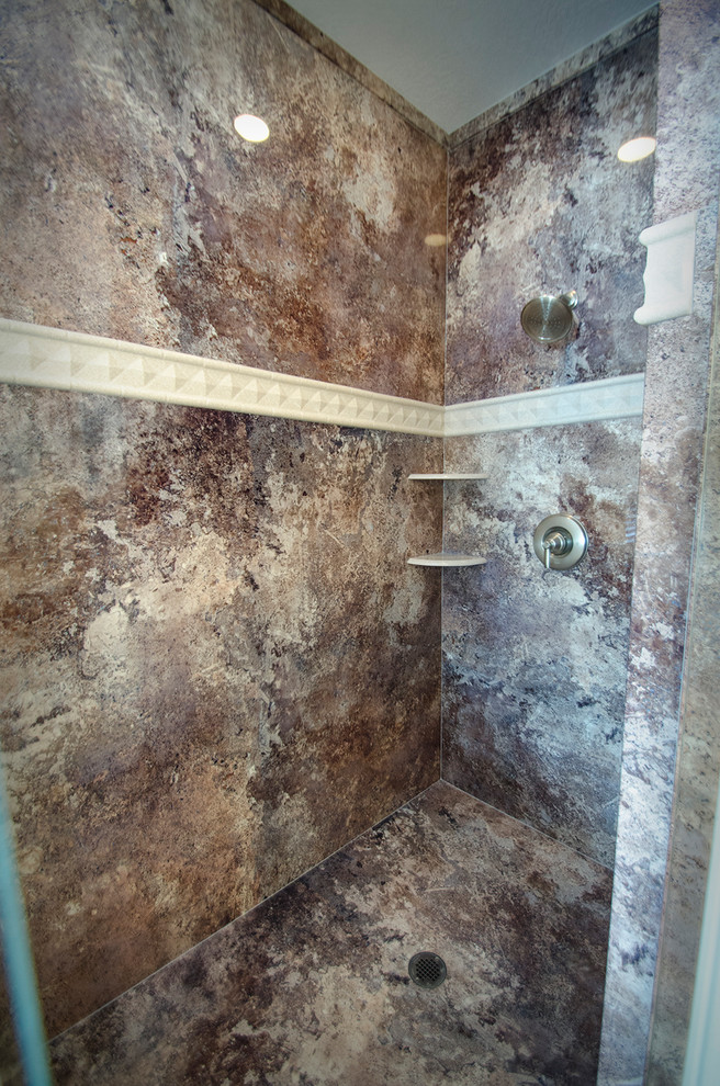 На фото: главная ванная комната среднего размера в стиле модернизм с накладной ванной, угловым душем, бежевой плиткой, коричневой плиткой, плиткой из листового камня и белыми стенами с
