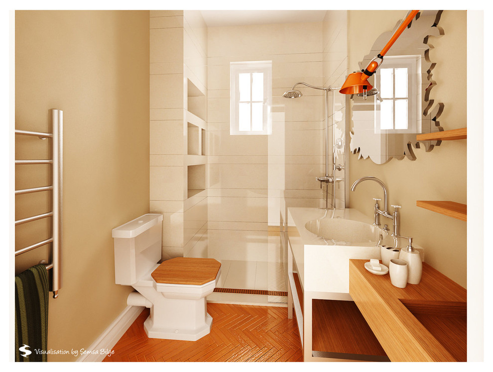 На фото: ванная комната среднего размера в стиле неоклассика (современная классика) с душем в нише, раздельным унитазом, белой плиткой, керамогранитной плиткой, коричневыми стенами, полом из бамбука, душевой кабиной, консольной раковиной и столешницей из искусственного камня