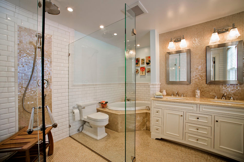 Inspiration for a traditional bathroom in Other with a built-in shower, mosaic tiles, a built-in bath and feature lighting.