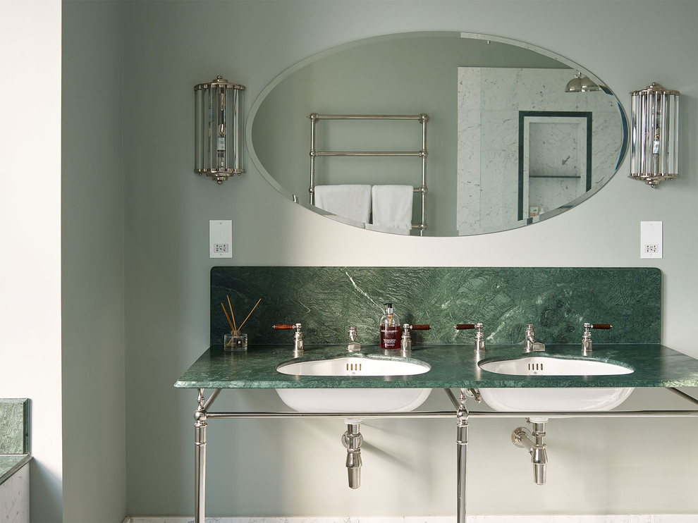 Inspiration for a large classic family bathroom in London with a built-in bath, a corner shower, a two-piece toilet, a wall-mounted sink, marble worktops and an open shower.