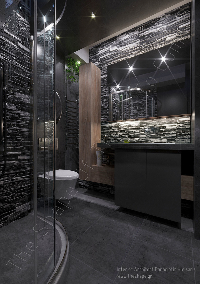 Foto di una stanza da bagno padronale moderna di medie dimensioni con ante di vetro, ante grigie, piastrelle grigie, piastrelle in pietra e top in legno