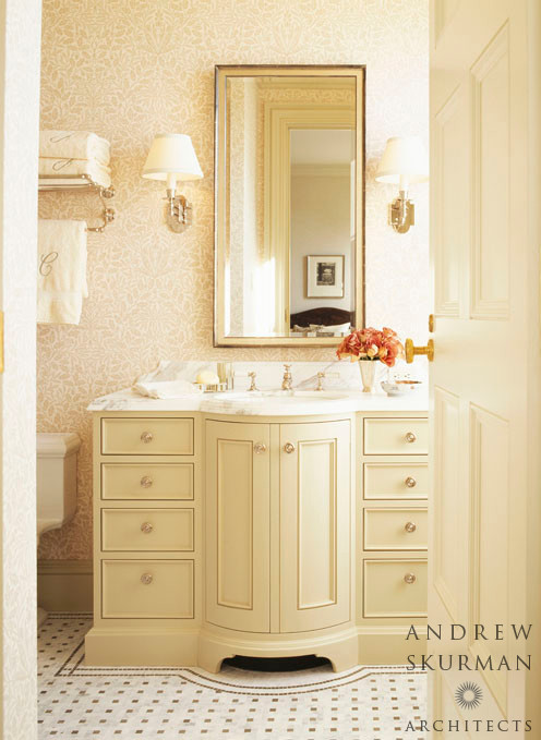 Example of a mid-sized classic beige tile ceramic tile and multicolored floor bathroom design in San Francisco with beaded inset cabinets, beige cabinets, a one-piece toilet, beige walls, a drop-in sink and marble countertops