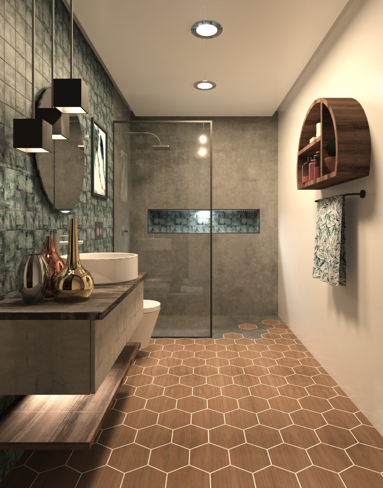 Idee per una stanza da bagno design con ante lisce, ante grigie, doccia aperta, piastrelle blu, piastrelle a mosaico, pareti grigie, pavimento con piastrelle in ceramica, top in quarzo composito, pavimento marrone, top grigio, un lavabo e mobile bagno sospeso