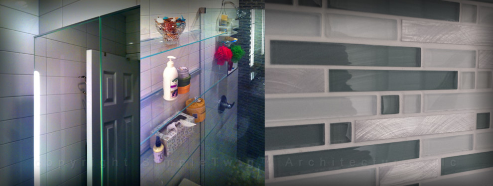Kleines Modernes Badezimmer mit Waschtischkonsole, Mineralwerkstoff-Waschtisch, Doppeldusche, Toilette mit Aufsatzspülkasten, beigen Fliesen, weißer Wandfarbe und Mosaik-Bodenfliesen in New York
