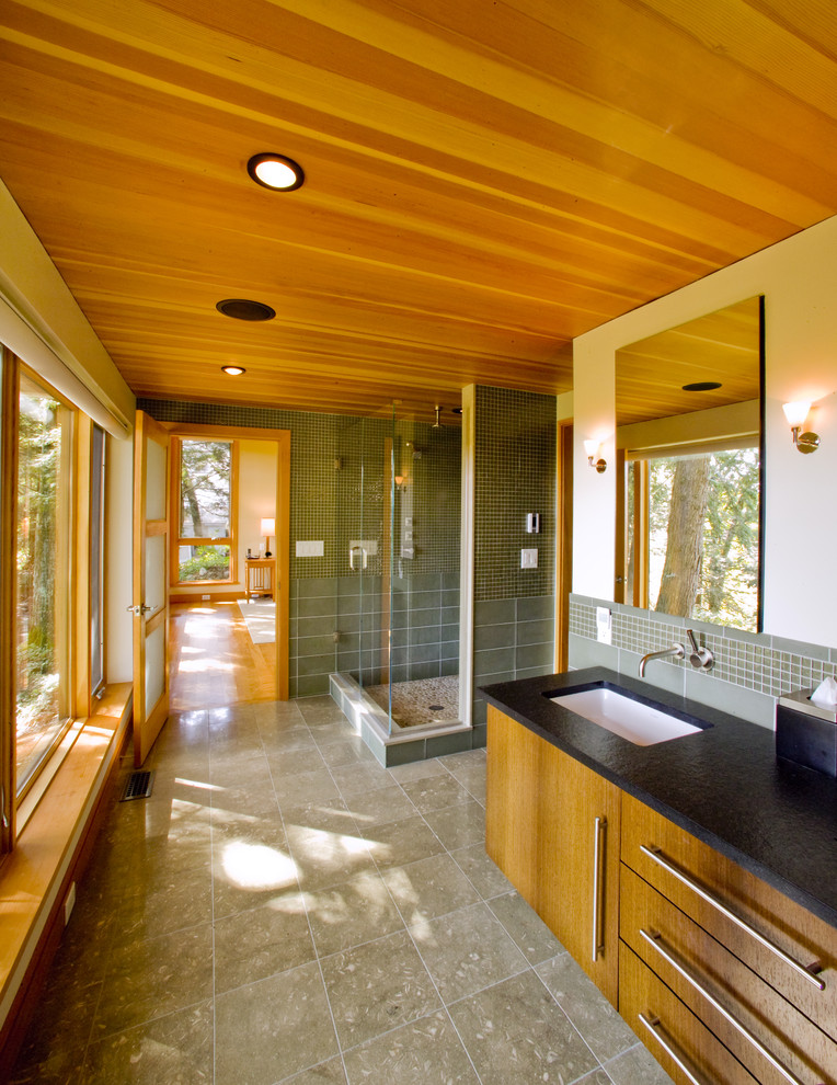 Inspiration for a contemporary mosaic tile bathroom remodel in Boston
