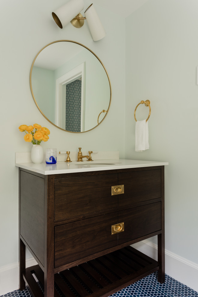 Example of a mid-sized 1950s white tile and ceramic tile single-sink bathroom design in Boston with shaker cabinets, dark wood cabinets, a hinged shower door, white countertops and a freestanding vanity