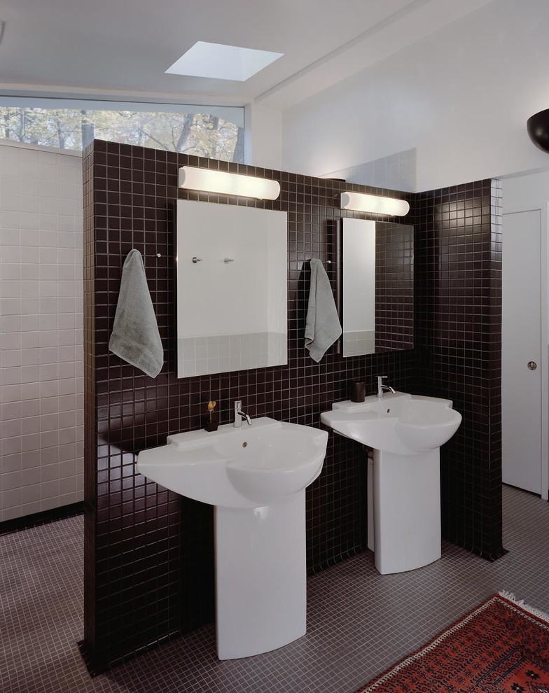 Bathroom - large modern master brown tile, white tile and ceramic tile porcelain tile and brown floor bathroom idea in DC Metro with white walls and a pedestal sink
