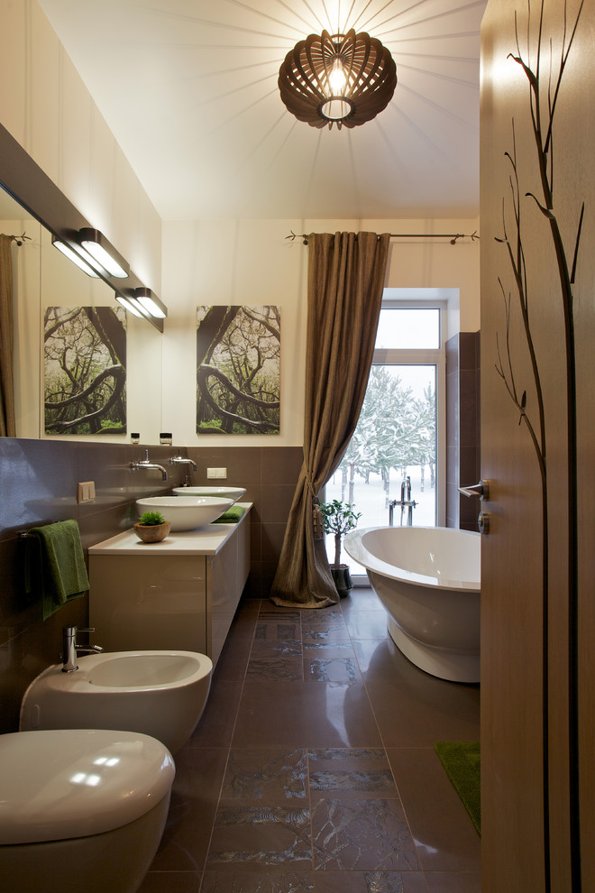 Inspiration for a contemporary freestanding bathtub remodel