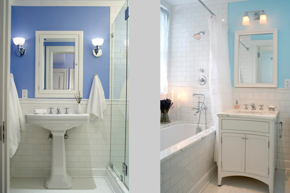 Cette photo montre une petite salle d'eau chic avec un placard avec porte à panneau encastré, des portes de placard blanches, une baignoire en alcôve, un combiné douche/baignoire, un carrelage blanc, un carrelage métro, un mur bleu, un lavabo encastré, un plan de toilette en marbre et une cabine de douche avec un rideau.