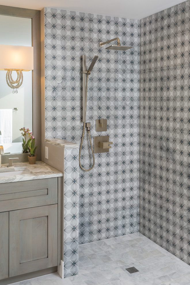 This is an example of a classic bathroom in Other with shaker cabinets, grey cabinets, a built-in shower, grey tiles, a submerged sink and an open shower.