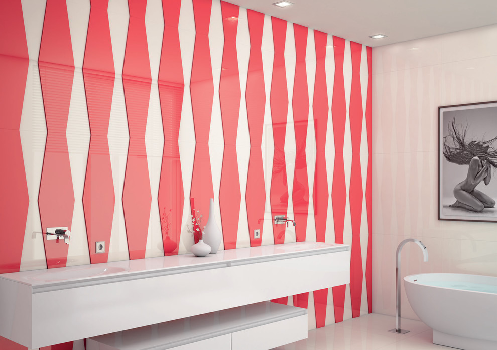 Idée de décoration pour une salle de bain design avec un mur vert et un sol en carrelage de porcelaine.