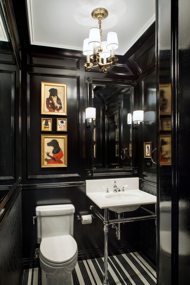 На фото: ванная комната в стиле неоклассика (современная классика) с подвесной раковиной, черными фасадами, унитазом-моноблоком, черными стенами, полом из керамической плитки и душевой кабиной с