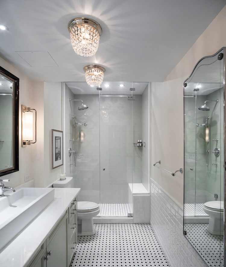 Example of a transitional master gray tile and ceramic tile ceramic tile corner shower design in New York with a vessel sink, recessed-panel cabinets, beige cabinets, a one-piece toilet and beige walls