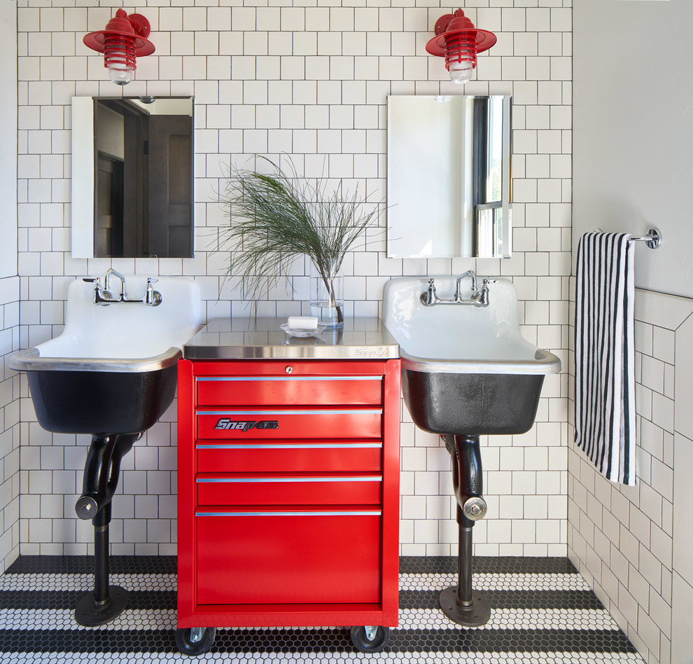 Example of a mid-sized minimalist kids' yellow tile ceramic tile and multicolored floor bathroom design in Denver with red cabinets, white walls and a pedestal sink