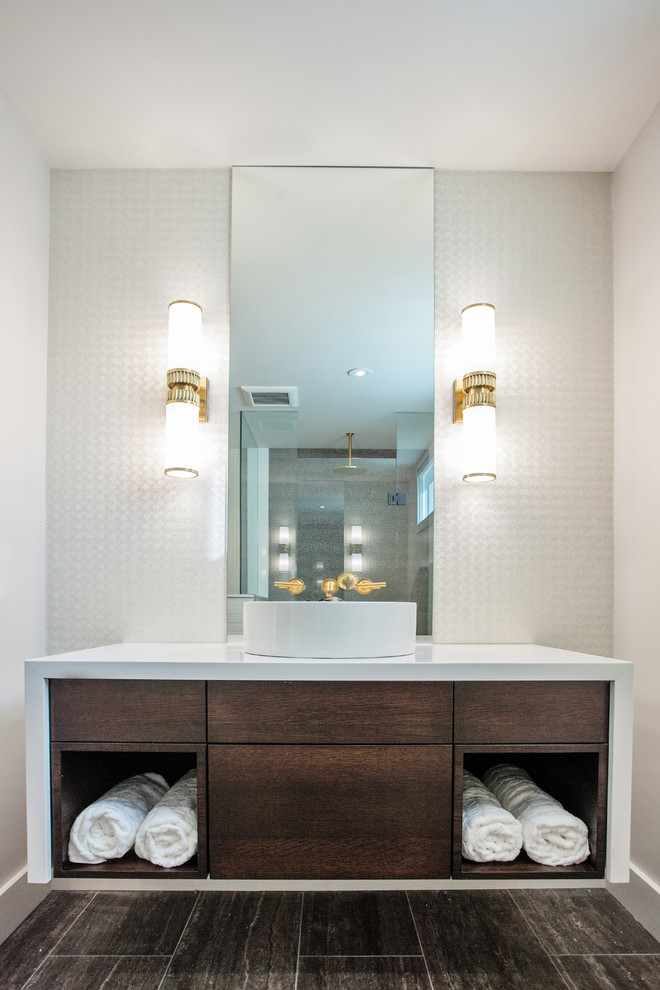 This is an example of a contemporary bathroom in Toronto with a vessel sink.