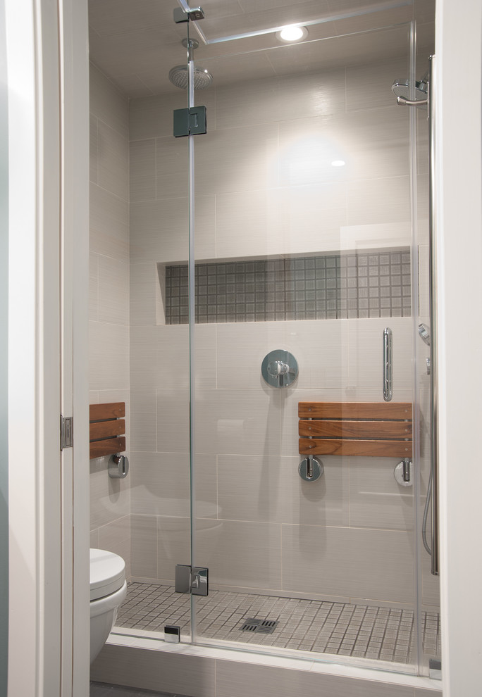 Small modern sauna bathroom in San Francisco with a submerged sink, flat-panel cabinets, medium wood cabinets, engineered stone worktops, a one-piece toilet, grey tiles, porcelain tiles, green walls and porcelain flooring.