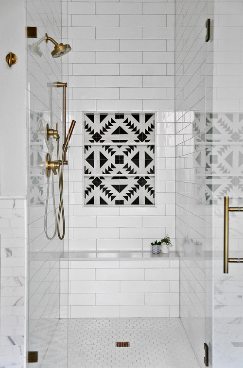 Walk-in Shower Design with Recessed Tiled Niche