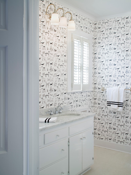 Playful Pups: White Washstand with Dog Printed Wallcovering - Bathroom Wallpaper Ideas