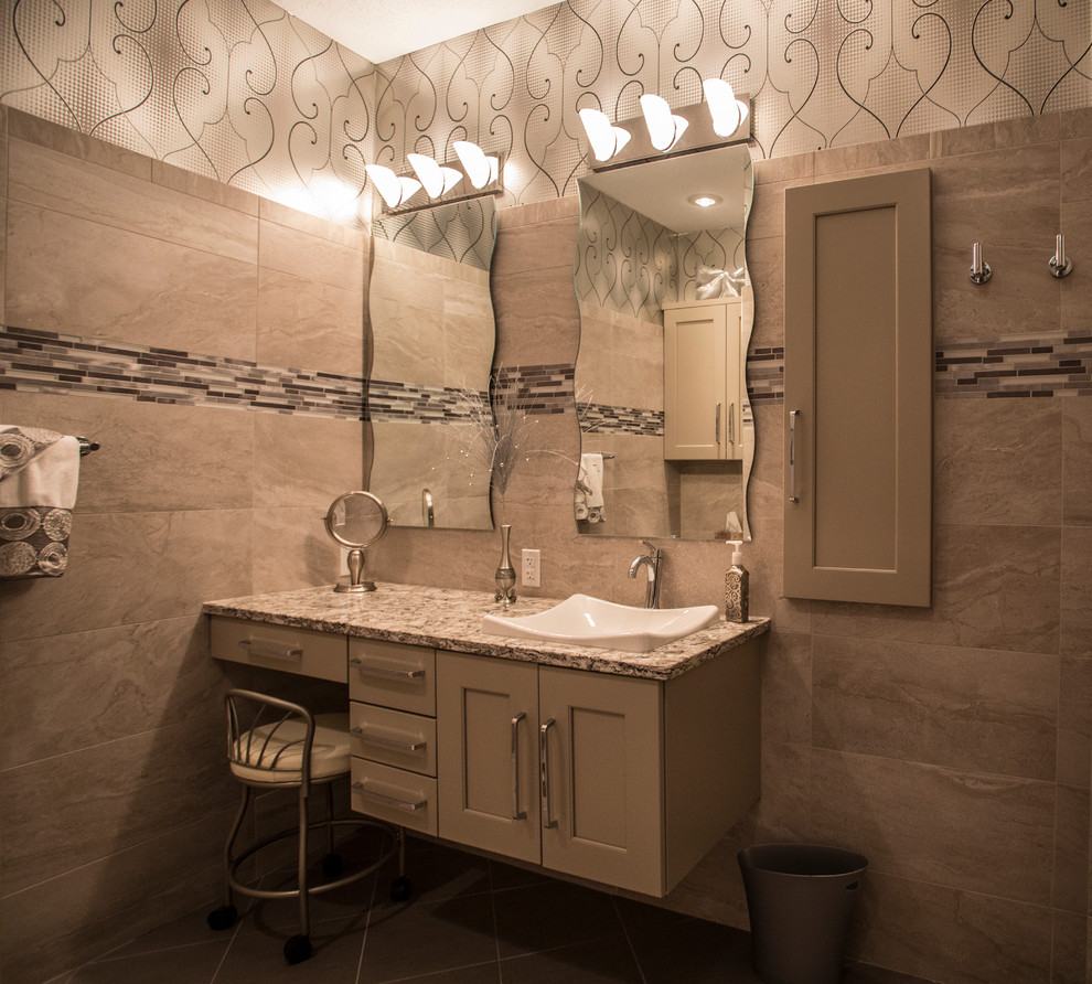 Medium sized contemporary shower room bathroom in Indianapolis with shaker cabinets, beige cabinets, beige tiles, beige walls and a built-in sink.